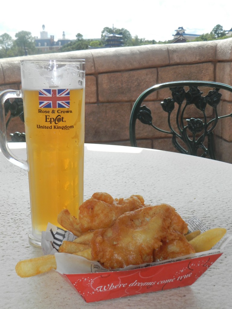 Rose and Crown Pub Cider with Fish and Chips at Disney's Epcot. One of the best drinks at Epcot for Drinking Around the World.