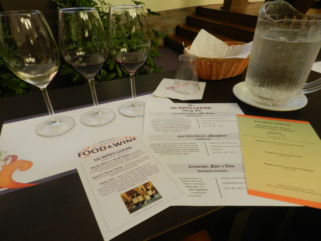 Epcot Food and Wine Festival Seminar with Murphy-Goode Winery and wine sampling glasses. Keep reading to get the best Epcot Food and Wine Festival Tips!