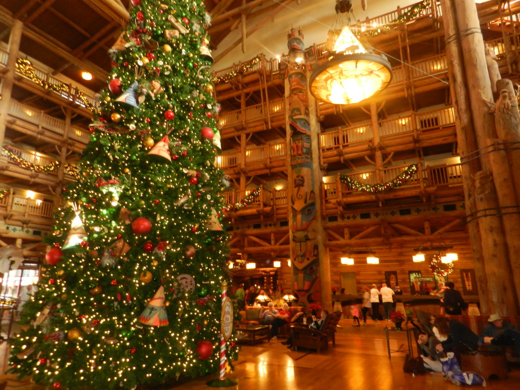 Large Christmas at Ft. Wilderness Lodge in the lobby. Disney Resorts at Christmas.