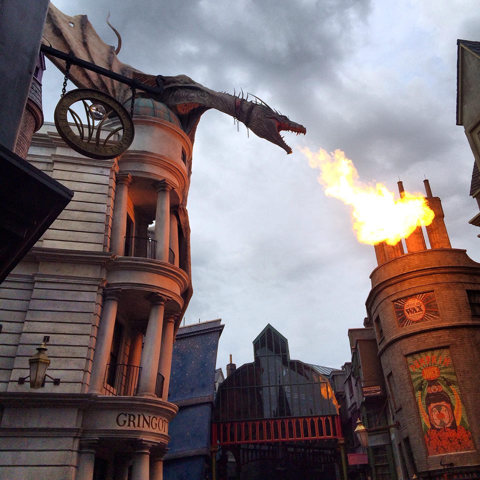 Diagon Alley Opening Day with Dragon on top of Harry Potter and the Escape from Gringotts