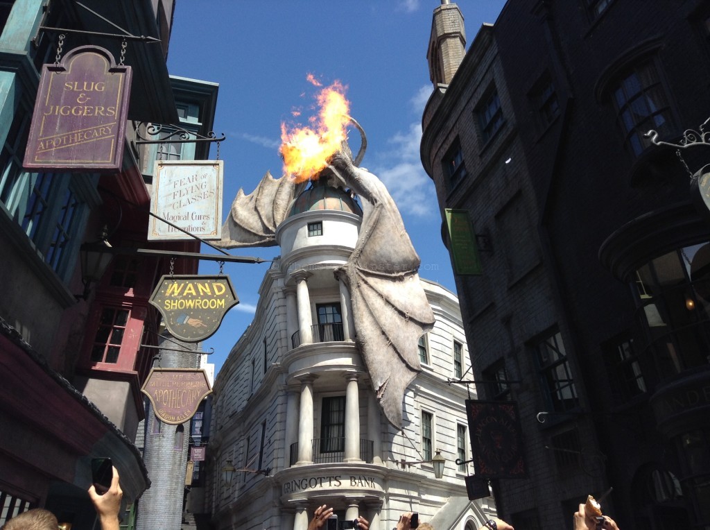 Diagon Alley Entrance with fire-breathing dragon on top of Gringott's Bank at Universal Studios