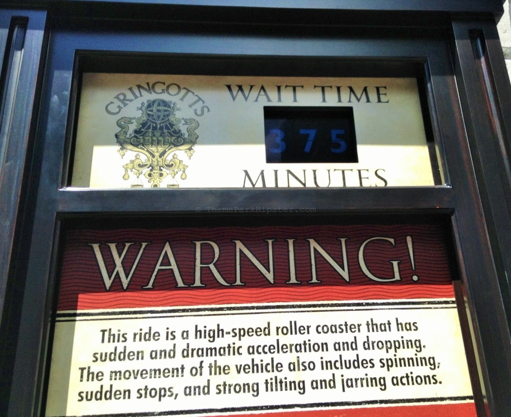 Diagon Alley Grand opening day Harry Potter and the Escape from Gringotts ride wait time.