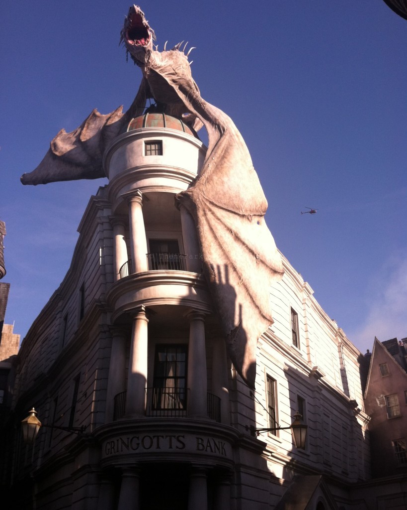 Diagon Alley: Gringotts Bank with Dragon on top. Keep reading to learn how to celebrate Veterans Day at Universal Studios.