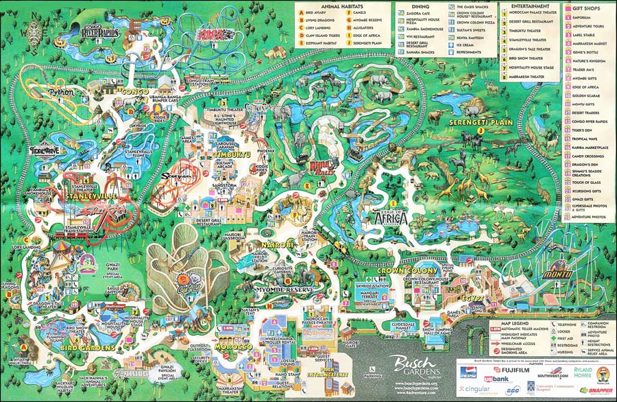 Old Busch Gardens Map with Tidal Wave Lory Landing and Python roller coaster.
