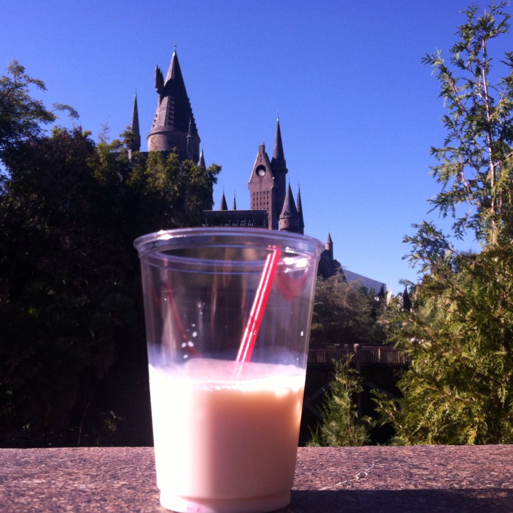 Cinnamon Toast Crunch Drink with Fireball Whisky Shot in Hogshead with Hogwarts Castle in Background