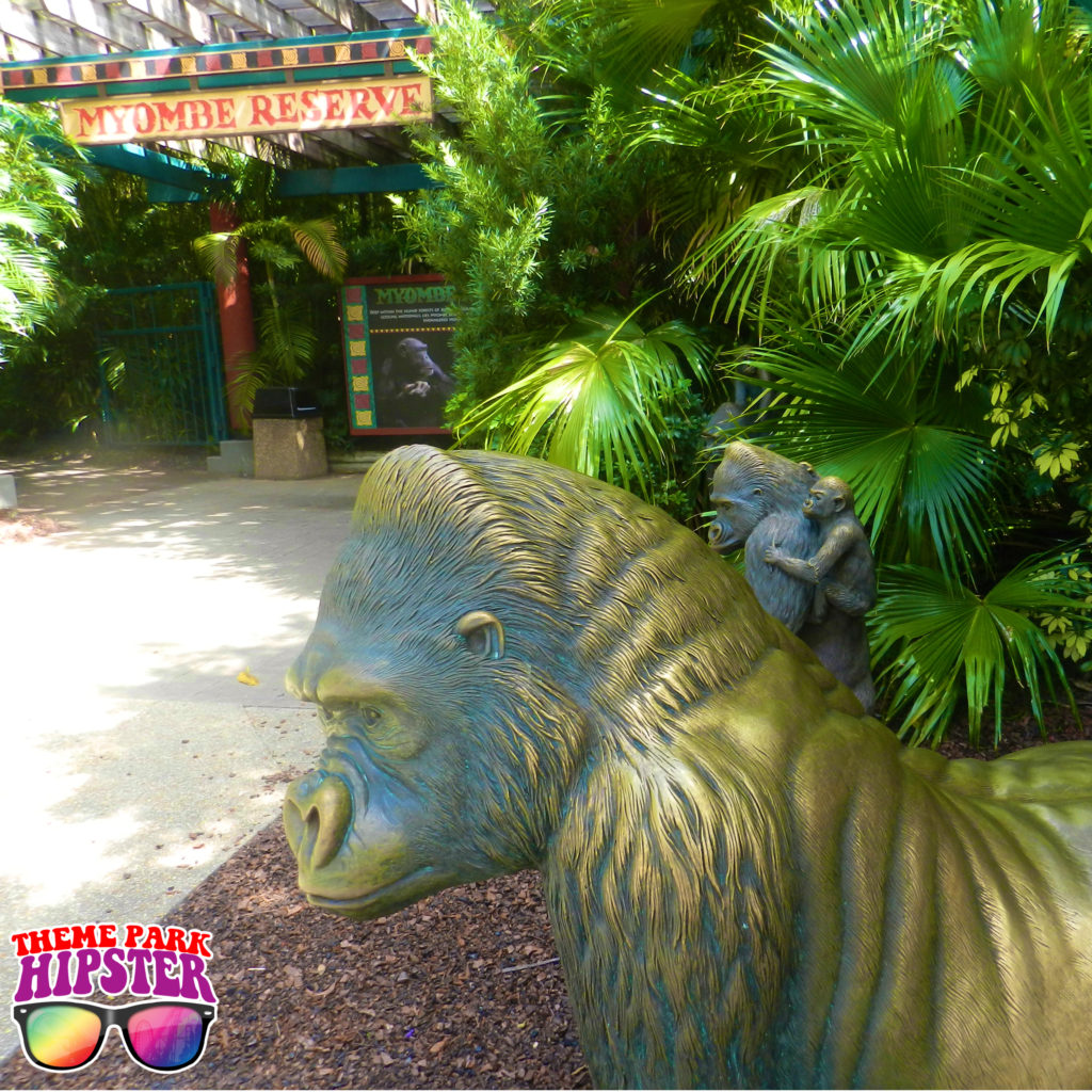 Myombe Reserve Busch Gardens Must Do's with statue gorilla.