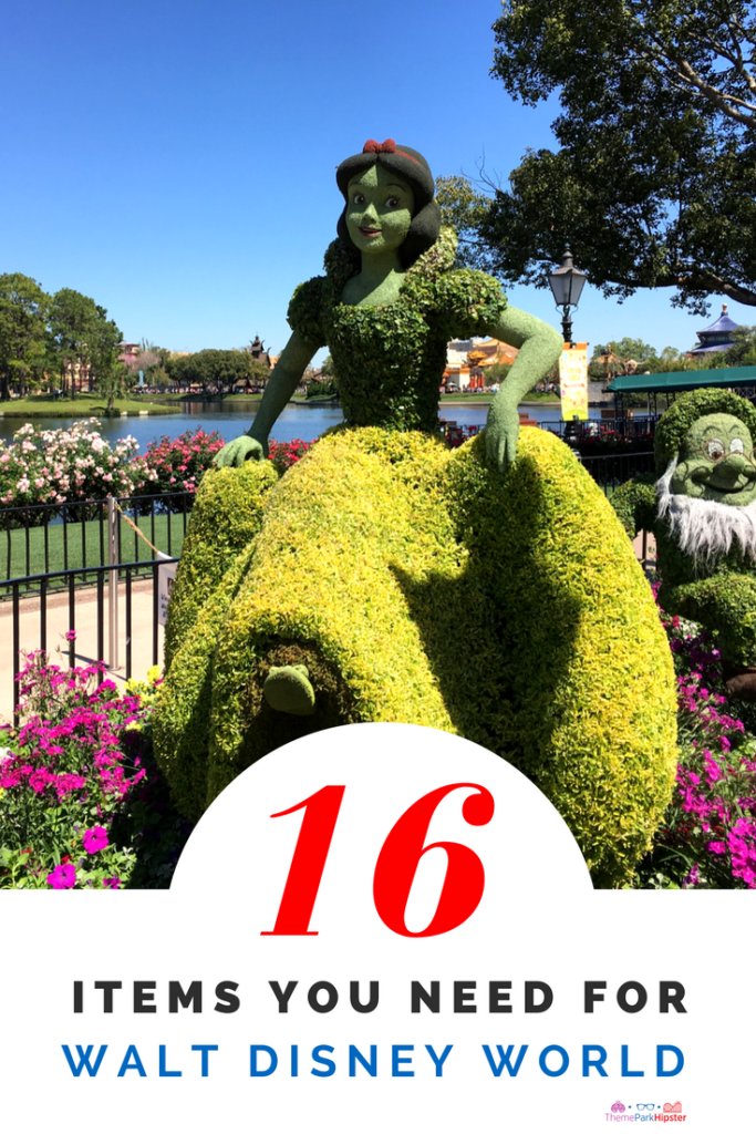 Theme Park Travel Guide to the Ultimate Disney World packing list for adults with topiary snow white.