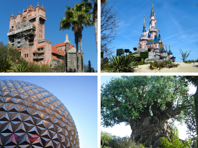 Where are disney parks with castle, epcot ball, hollywood tower hotel, and tree of life at animal kingdom.
