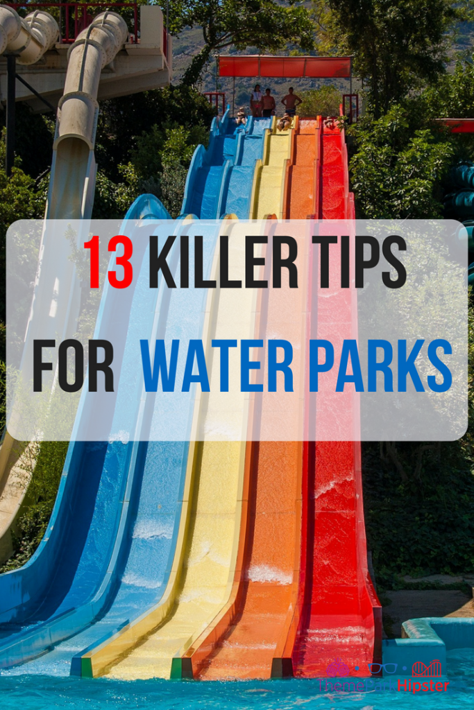 Theme Park Travel guide to the First timer water theme park tips. Blue, yellow, orange, and red water slide racer.