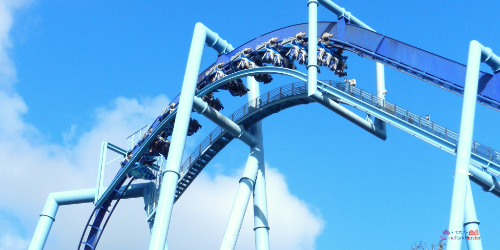 Manta at SeaWorld blue aqua marine roller coaster in the sky at the lifthill.