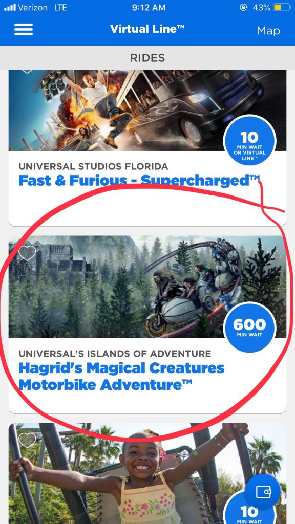 Hagrid's motorbike adventure 10 hour wait time in The Wizarding World of Harry Potter Hogsmeade.
