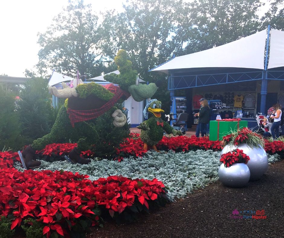 Epcot Festival of the Holidays 14 Park Entrance with Topiary Goofy Holiday Decor. One of the best Epcot Festivals at Disney World!