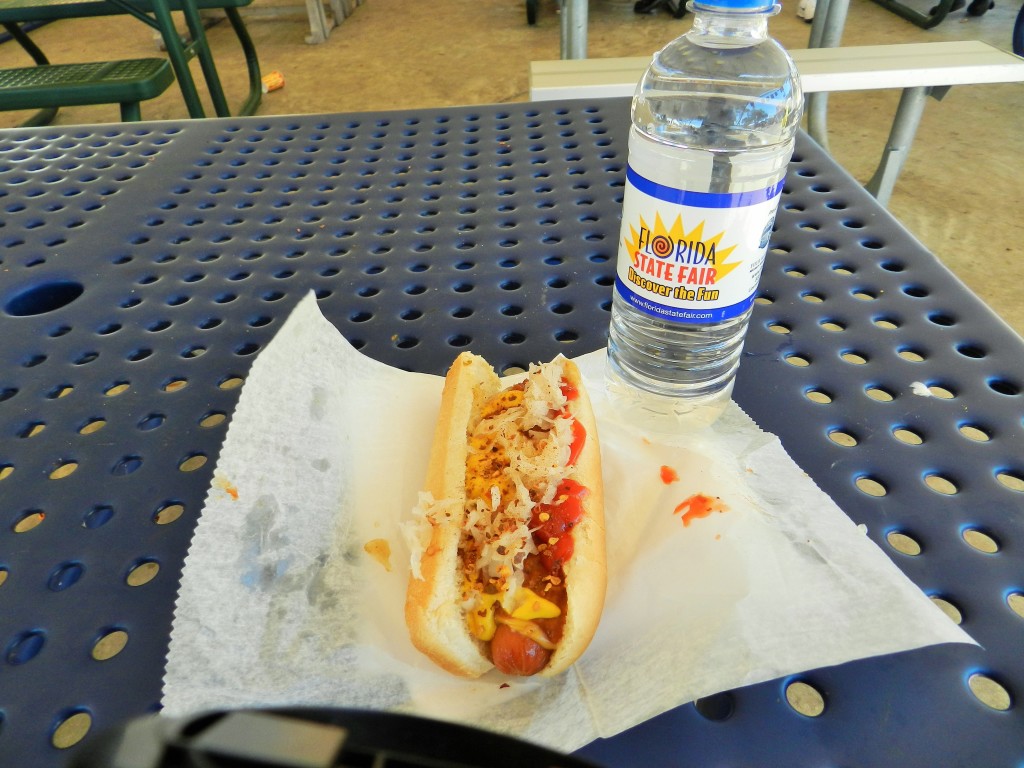 The Chili Dog covered in cheese, onions, ketchup and mustard at the carnival in Tampa Florida. Keep reading to get the full 2025 Florida State Fair Guide with Tickets, Food, Concerts, Rides and More! Copyright ThemeParkHipster.