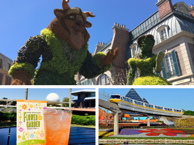 Flower and Garden Menu with Disney monorail over topiary.