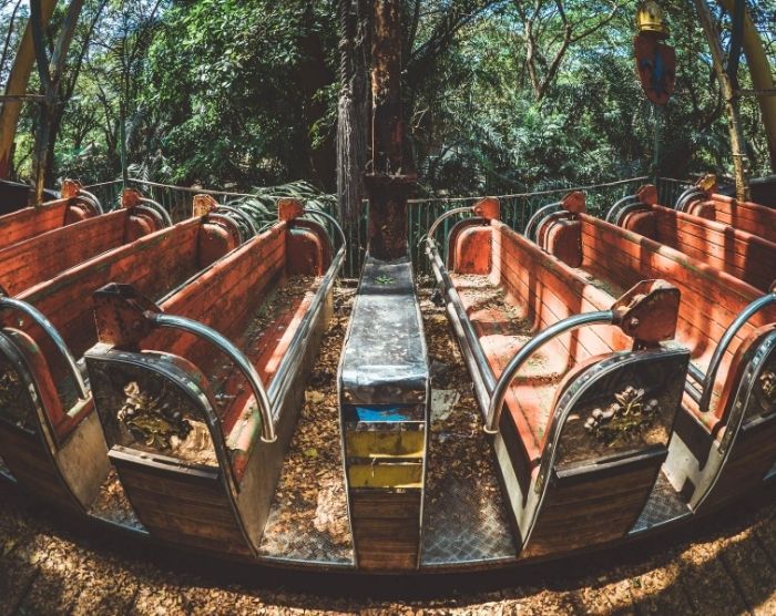 Abandoned amusement park ride. Keep reading about The Goosebumps Amusement Park One Day at Horrorland.