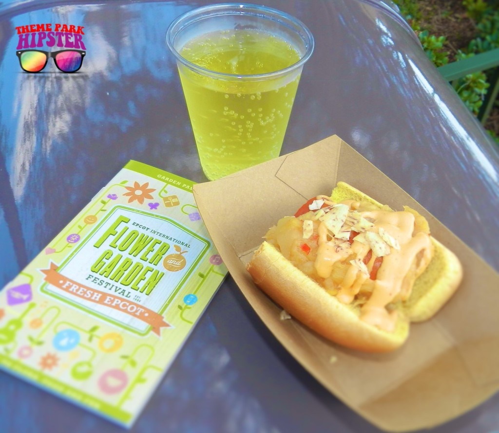 Ace Pineapple Hard Cider & Pineapple dog – Spicy hot dog, pineapple chutney and Sriracha mayo Epcot Flower and Garden Festival Menu.