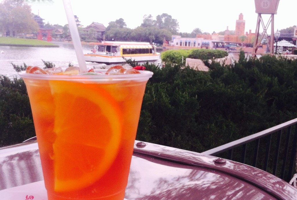 Pimm's Cup at Epcot with U.K. Pavilion in the background