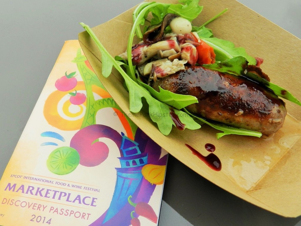 Epcot Food and Wine Festival Beverage Seminar Schedule with juicy sausage and mushrooms on the side. Keep reading to get the best Epcot Food and Wine Festival Tips!
