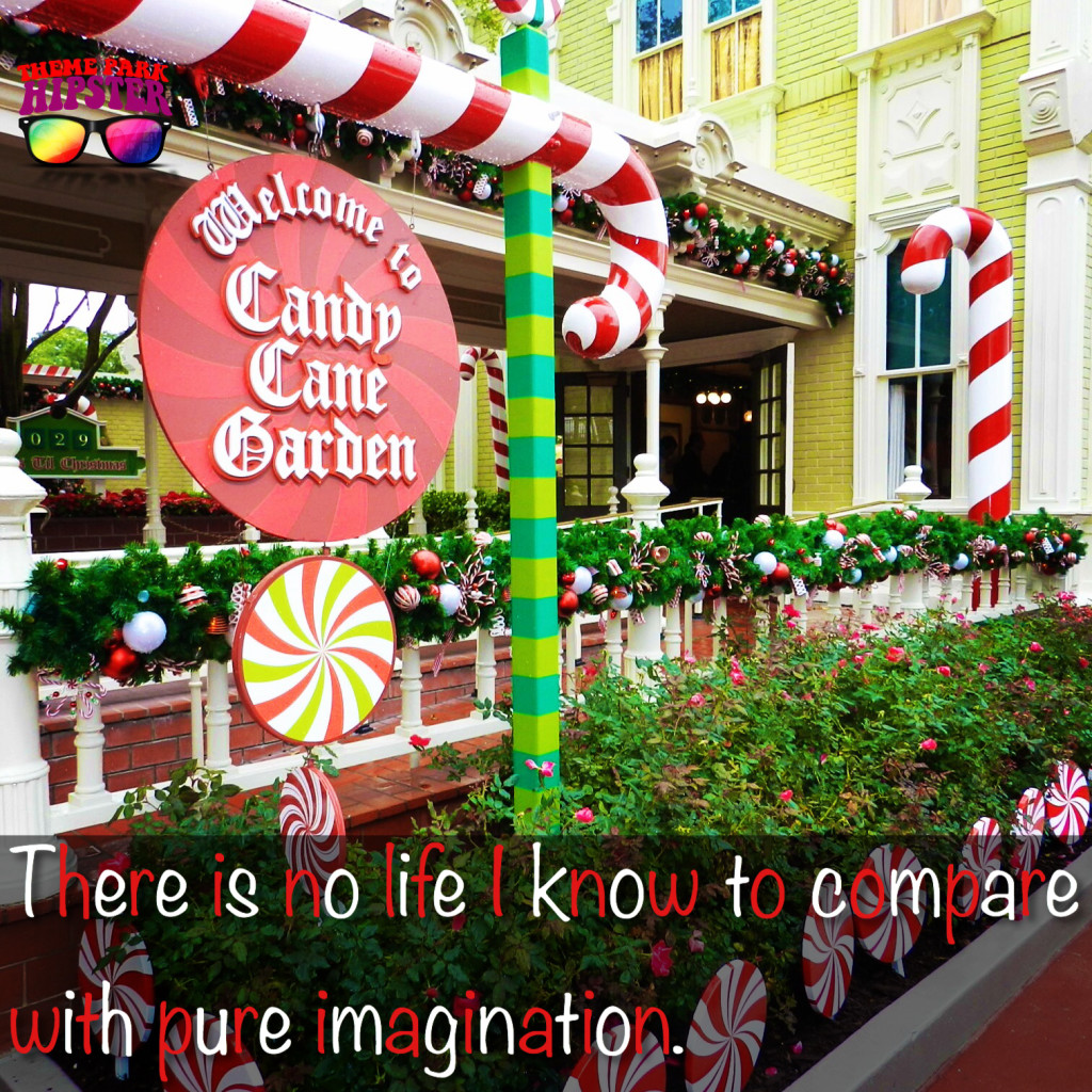 Disney Chistmas Candy Cane Garden Magic Kingdom imagination Willie Wonka quote. Keep reading to get the best things to do at the Magic Kingdom for Christmas and a full guide to Mickey's Very Merry Christmas Party Tips!