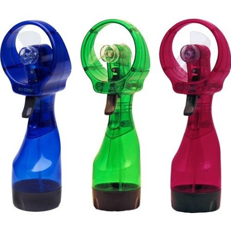 Blue, green and red water mist fan to survive the heat.