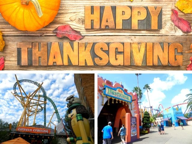 Thanksgiving at Busch Gardens with colorful roller coasters and orange pumpkin.