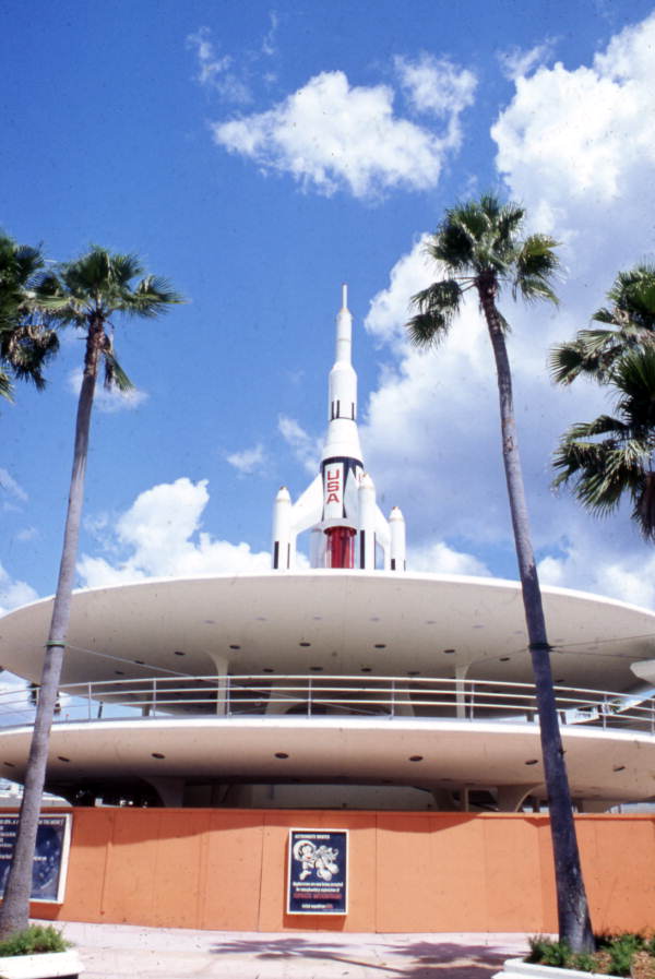 View showing a rocket at the Magic Kingdom Tomorrowland amusement park in Orlando Florida