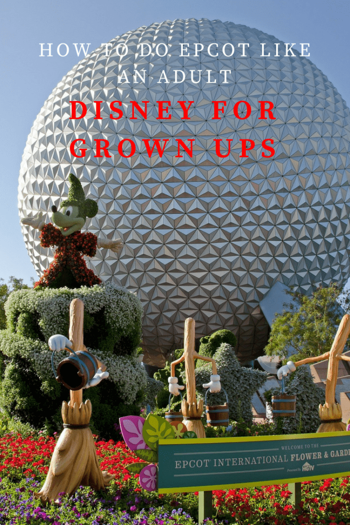 What can adults do at Epcot? With Spaceship Earth Golfball Attraction in the Background. Keeping reading to learn about doing Epcot for adults and Disney for grown-ups.