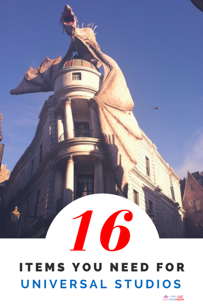 Universal Studios packing list with pale white dragon on top of Gringotts Bank in Diagon Alley.