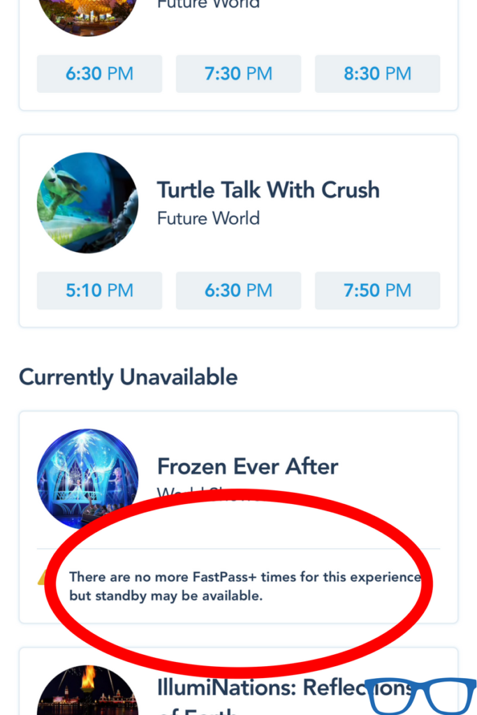 Step 3: FastPass Tips white screen with blue horizon of Epcot spaceship earth in my disney experience app. Disney FastPass secrets.