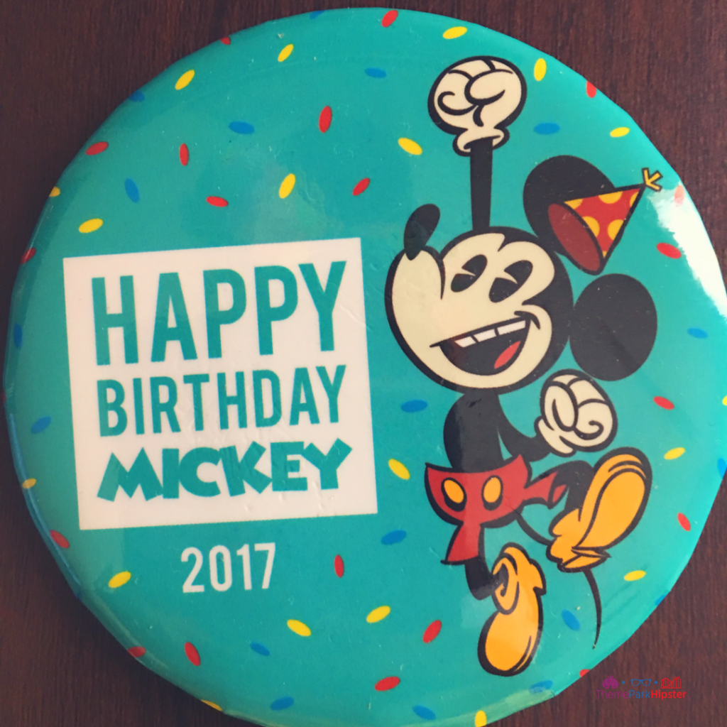 Disney celebration birthday button pin with Mickey Mouse. Free things at Disney