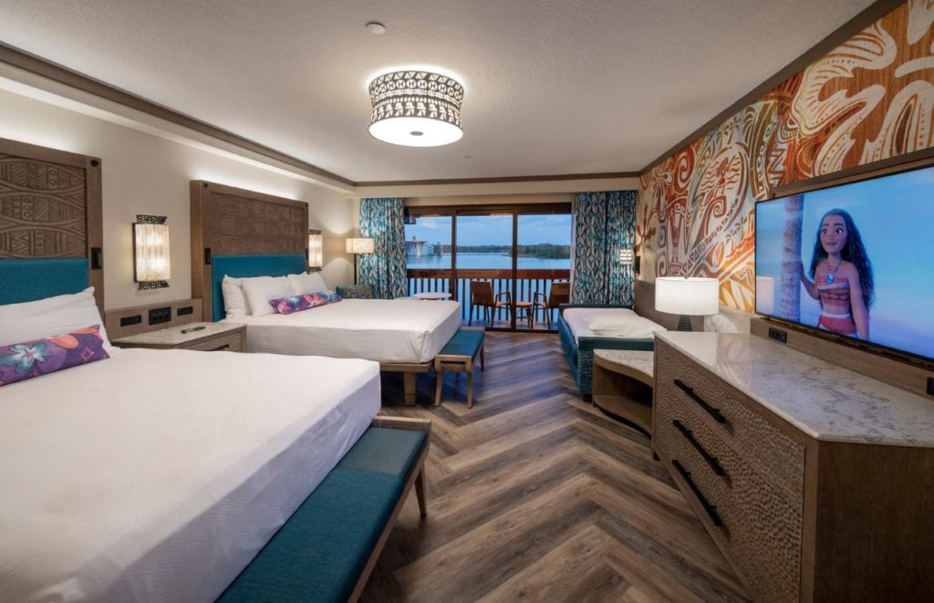 Reimagined guest rooms inside Disney’s Polynesian Village Resort at Walt Disney World Resort in Lake Buena Vista, Fla., feature details from Moana (Kent Phillips, photographer)