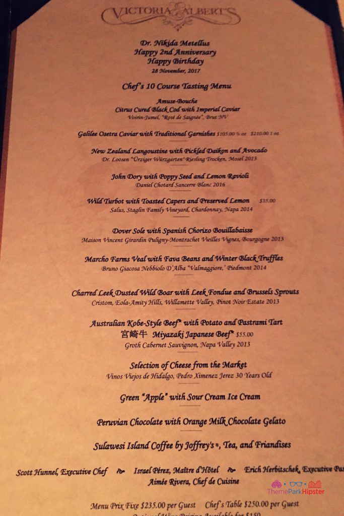 Disney World Victoria & Albert's menu