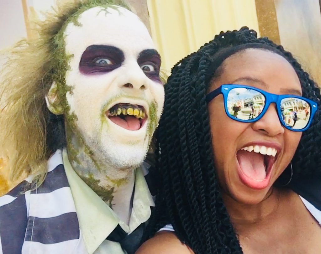 NikkyJ with Beetlejuice at Universal Studios Florida on a solo trip.