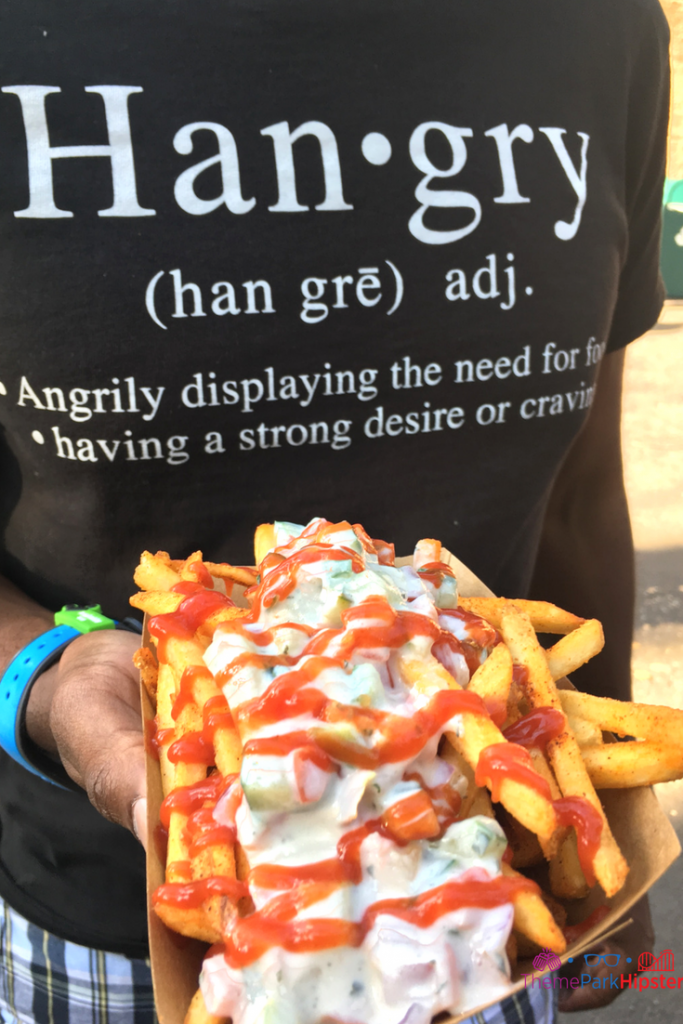 Mr. Kamal’s Fries at Animal Kingdom topped with creamy tzatziki sauce. Keep reading for the best Disney World Tips and Tricks for First Timers.
