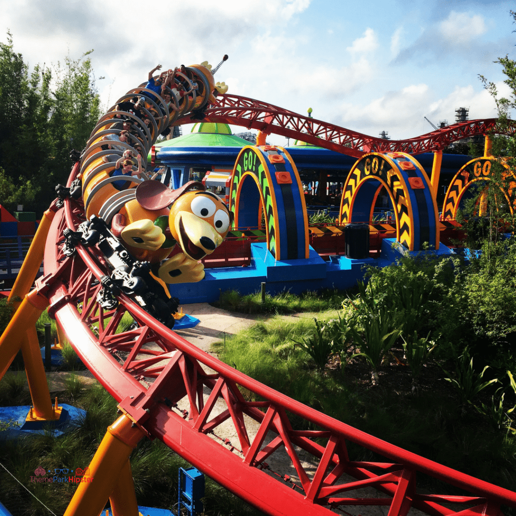 Toy Story Land Disney World Pics with Slinky Dog Dash red roller coaster.