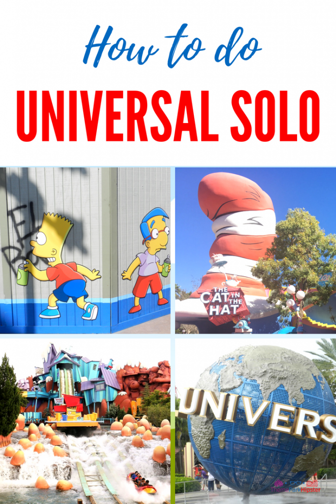 Universal Orlando solo with red and white Cat in the Hat attraction, Bart and Milhouse spray painting fence. Keep reading to learn how to have the best Universal Orlando Solo Trip for Travelers going to theme parks alone.