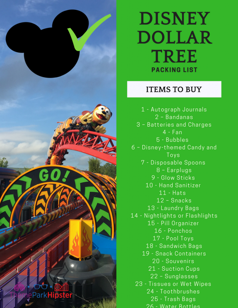Slinky Dog Dash in the background of shopping list of what to buy for your next Walt Disney World vacation from Dollar Tree.