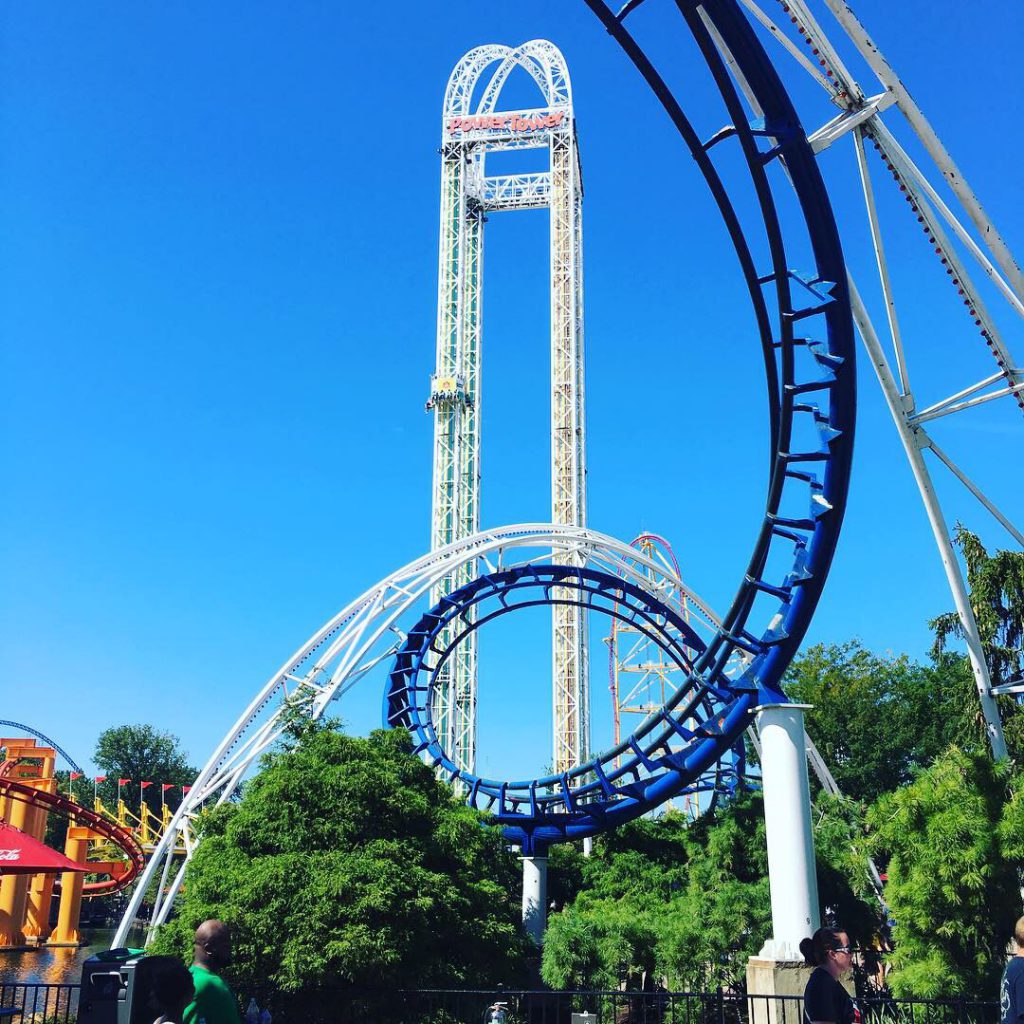 Margaritaville Cleveland Ohio Cedar Point. Large blue roller coaster.