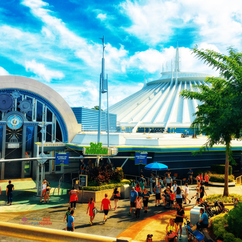 Tomorrowland with white Space Mountain attraction. Magic Kingdom Secrets. One of the best Magic Kingdom roller coasters!
