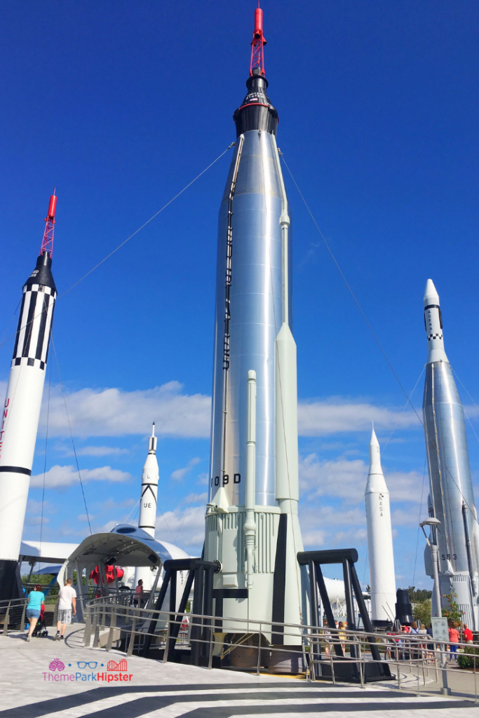 Kennedy Space Center Rocket Garden with white and black spaceships. One of the best day trips from Orlando for solo travelers.