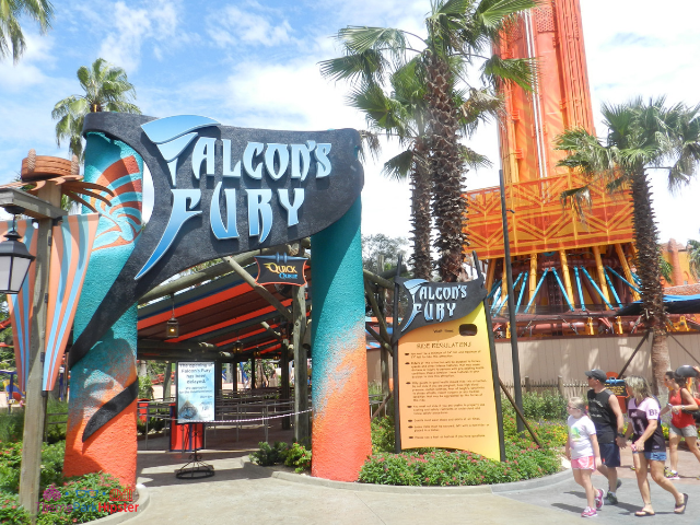 Falcons Fury Busch Gardens Tampa orange and blue drop tower