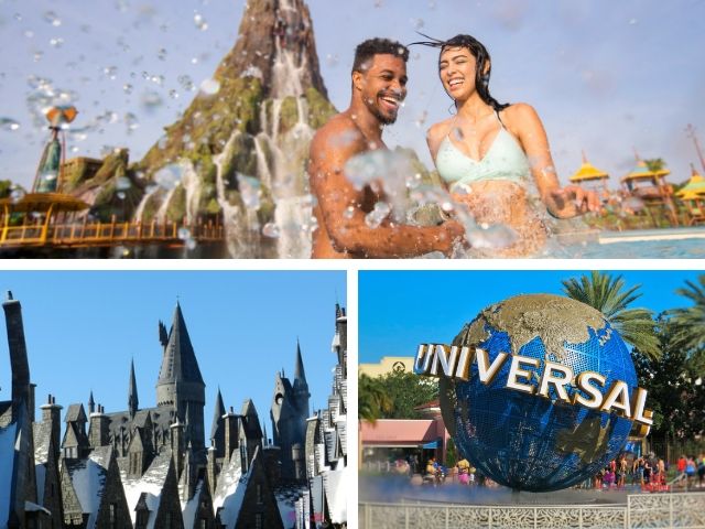Things to do at Universal Orlando with couple splashing in the water at Volcano Bay. Know Where to Buy Cheap Tickets for Theme Parks in Florida.