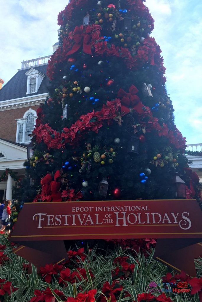 Epcot International Festival of the Holidays 2023 America Pavilion with Tall Christmas Tree