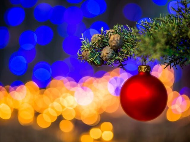 Thanksgiving at Universal Orlando with red Christmas tree bulb.