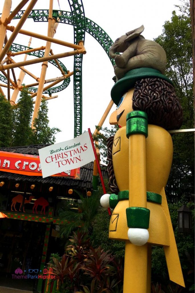 Christmas Town Decoration in Tampa Life Size Toy Solider near Cheetah Hunt Roller Coaster. Keep reading to get the full guide on doing Christmas at Busch Gardens Tampa!