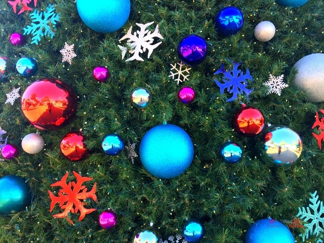 SeaWorld Christmas Celebration Tree Decorations with Red and Blue Bulb. Keep reading to learn about Christmas at SeaWorld Orlando!