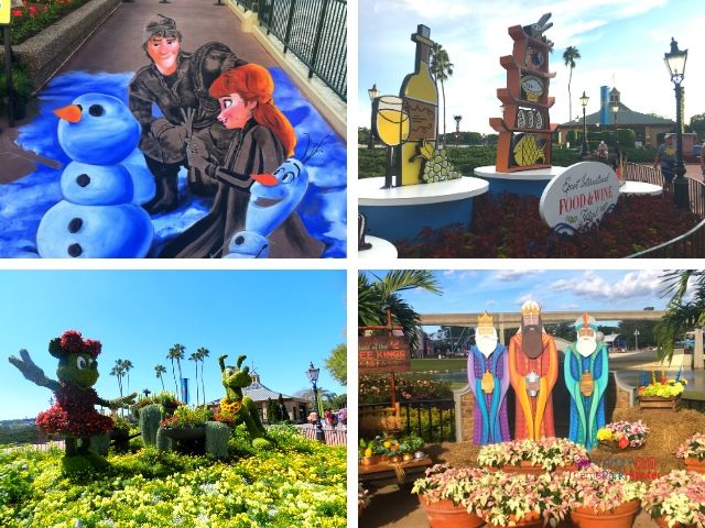Epcot Festivals with artwork from Frozen the Three Kings Food and Wine Festival Signage and Minnie Mouse and Pluto Topiary