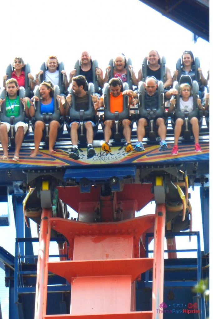Sheikra roller coaster at Busch Gardens with People Hanging in the Air. Going to Busch Gardens alone doesn't have to be scary. Keep reading for more solo travel tips.