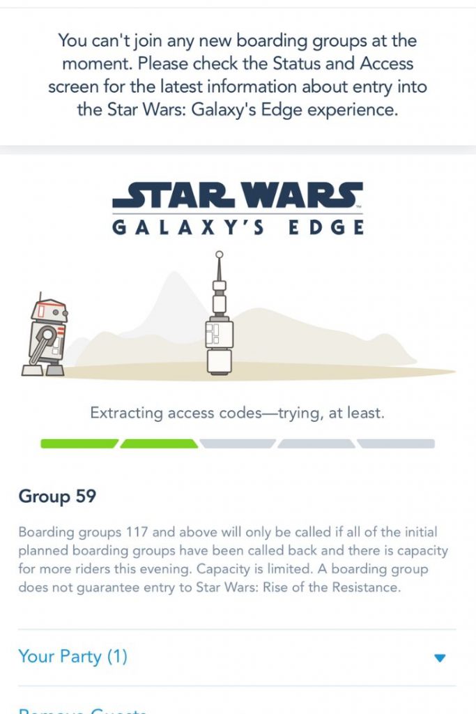 Star Wars Rise of the Resistance Virtual Queue Boarding Pass Waiting Meter