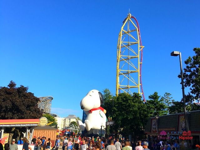 Tallest Roller Coaster at Cedar Point Top Thrill Dragster at Cedar Point view from Snoopy Land. Keep reading to get the guide to Light Up the Point and how to Survive Cedar Point on 4th of July with These 7 Tips.